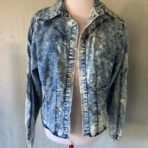 Thrill Jeans Denim Shirt, Medium, Pearl Snap 80's Acid Washed‎ Western Smocking